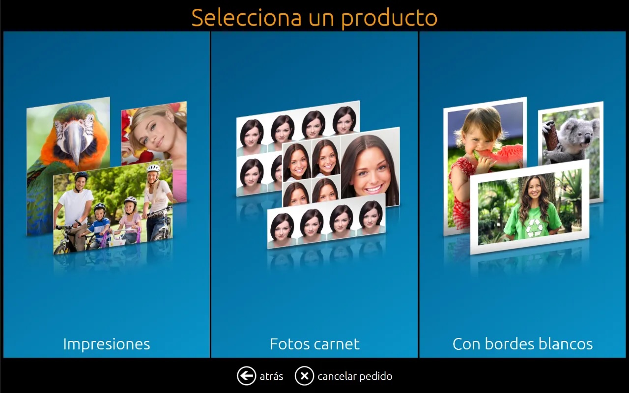 Captura de pantalla que muestra la pantalla de inicio de DiLand Kiosk con categorías de productos básicas, como Impresiones, Impresiones con borde blanco y fotos de carnet. La combinación de colores es la que se incluye por defecto.