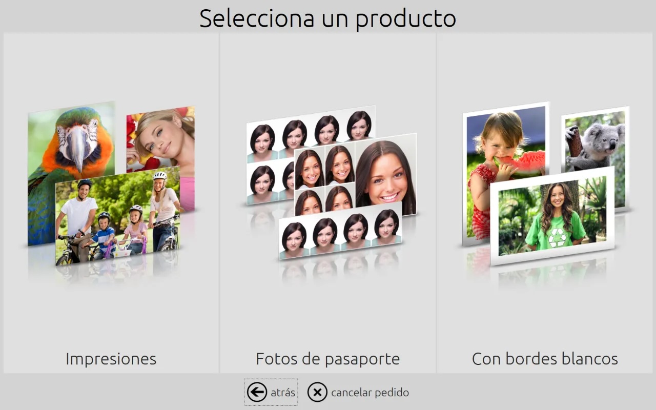 Captura de pantalla que muestra la pantalla de inicio de DiLand Kiosk con categorías de productos básicas, como Impresiones, Impresiones con borde blanco y fotos de carnet. La combinación de colores es un tema claro.