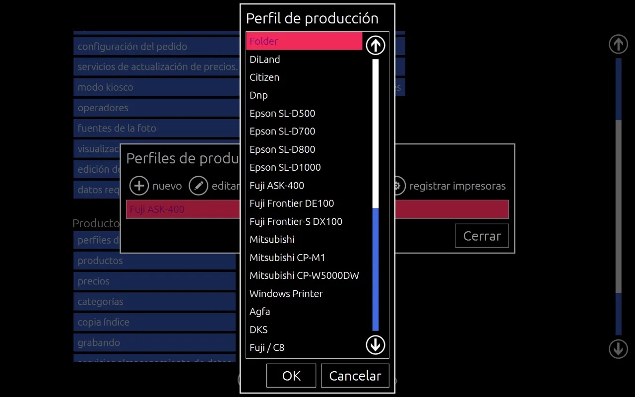 Captura de pantalla que muestra parcialmente una lista de máquinas especialmente compatibles con DiLand: Folder, DiLand, Citize, Dnp, Epson SL-D500/D700/D800/D1000, etc. La combinación de colores es un tema oscuro.