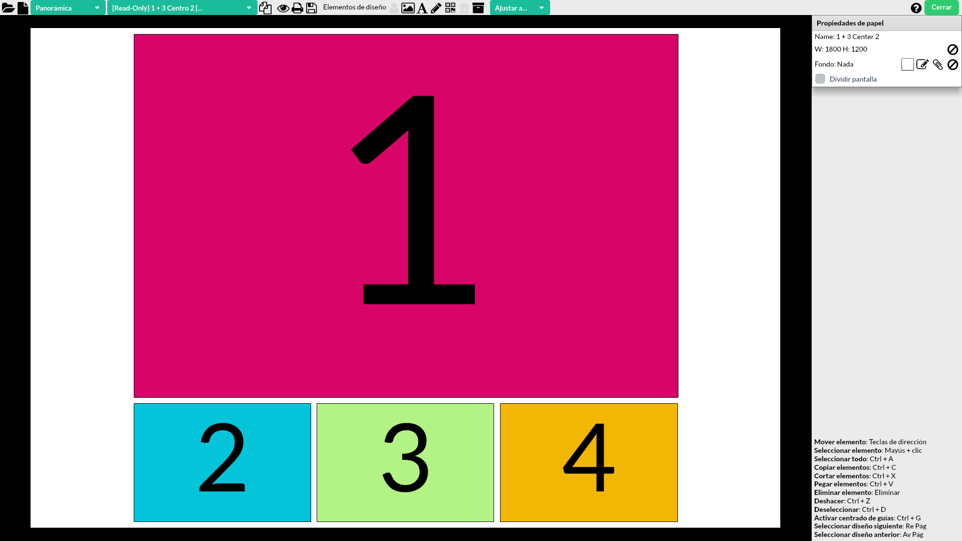 Captura de pantalla que muestra el editor de plantillas de Sparkbooth. En la ventana principal aparece un diseño de plantilla formado por 1 foto grande con un número 1, y otras 3 fotos con los números 2, 3 y 4.