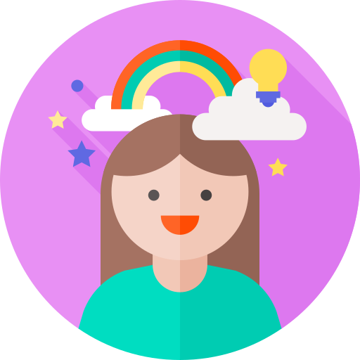 Icono de una persona con pelo largo, sobre la que flota un arcoiris entre dos nubes, adornado con estrellas y una bombilla, todo sobre fondo morado. La imagen 'imaginacion' ha sido creada por Uniconlabs y descargada de Flaticon en https://www.flaticon.es/icono-gratis/imaginacion_4646389?term=imaginacion&page=1&position=2&origin=search&related_id=4646389