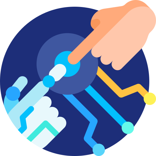 Icono de dos manos (una humana y otra de robot) pulsando sobre un círculo con los dedos índices. La imagen 'mano-robotica' ha sido creada por Freepik y descargada de Flaticon en https://www.flaticon.es/icono-gratis/mano-robotica_9626716?term=mano-robotica&page=1&position=4&origin=search&related_id=9626716