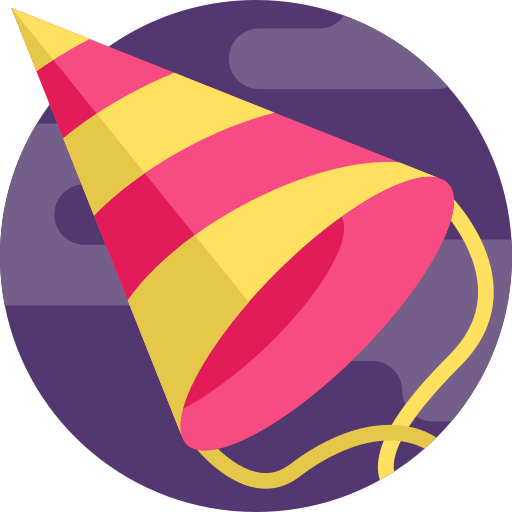 Icono de un gorro de fiesta decorado con franjas de colores sobre un círculo morado. La imagen 'Arrows' ha sido creada por Freepik y descargada de Flaticon en https://www.flaticon.com/free-icon/party-hat_687249?term=fun&page=7&position=35&origin=search&related_id=687249